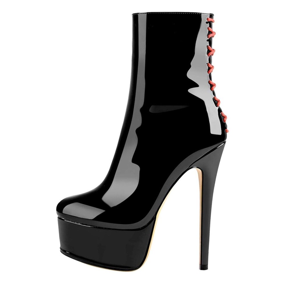 Sexy stiletto platform latex black mid-calf ankle boots booties SIZE 9 NEW
